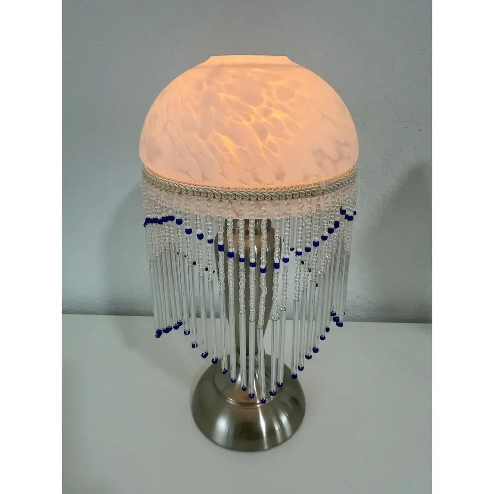 Boudoir Accent Lamp, Frosted Glass Globe Shade, Cobalt Blue Bead Fringe